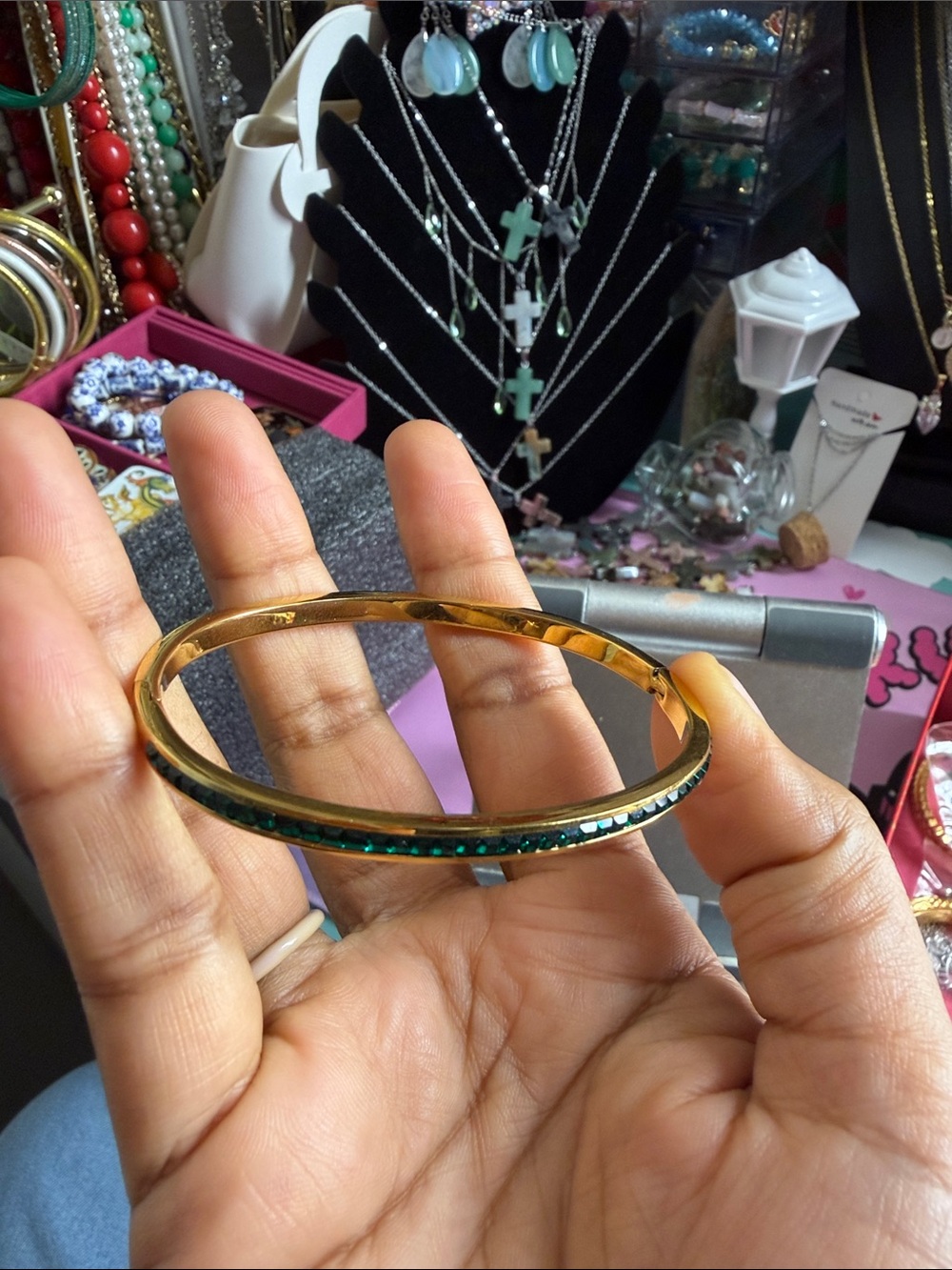 Gold Bangle Bracelet with Teal Crystal Accent